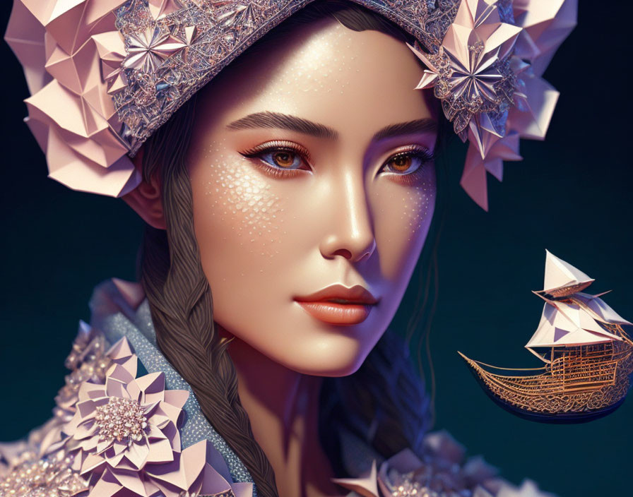 Woman with crystalline adornments and ship on teal background