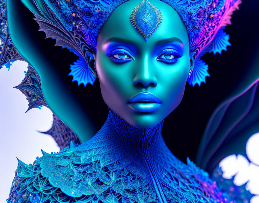 Blue-skinned woman in intricate headdress and patterns: futuristic art.