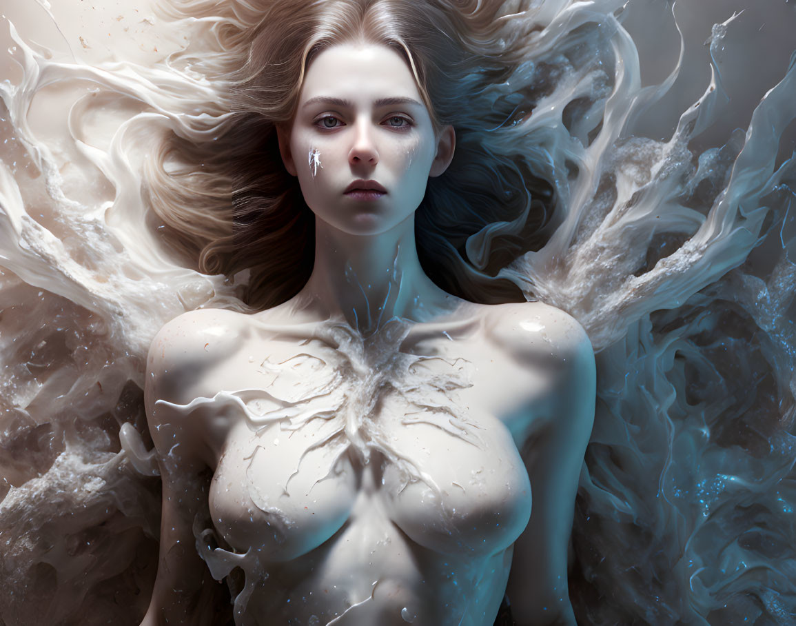 Surreal portrait of woman with flowing hair in milk-like liquid splashing.