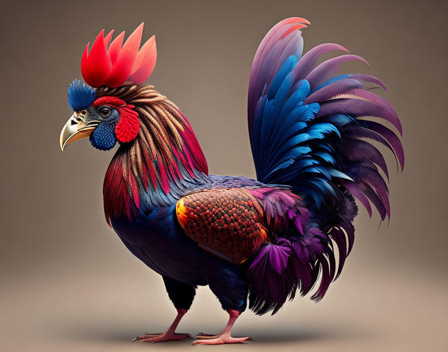 Colorful Rooster with Red Comb and Blue Feathers on Neutral Background
