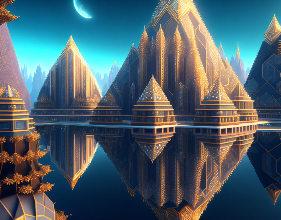 Golden Pyramidal Structures Reflecting on Water Surface at Twilight