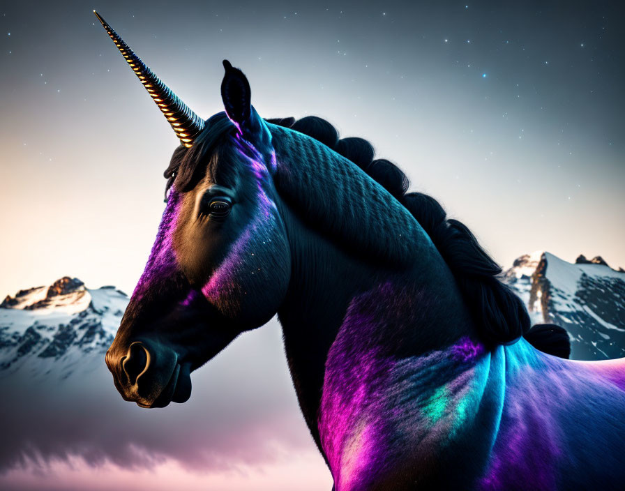 Majestic unicorn with purple and blue coat in twilight mountain scene