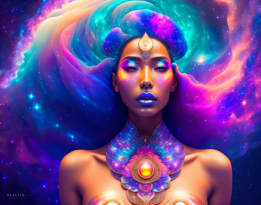 Cosmic-themed woman illustration with nebula hair design