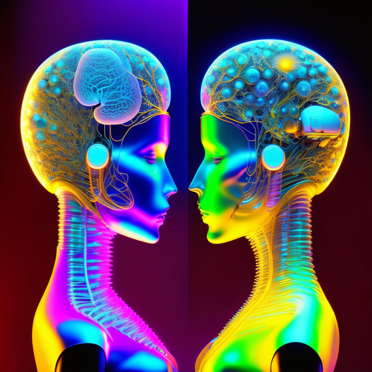 Vibrant human profiles with transparent skin and intricate brains on neon backdrop