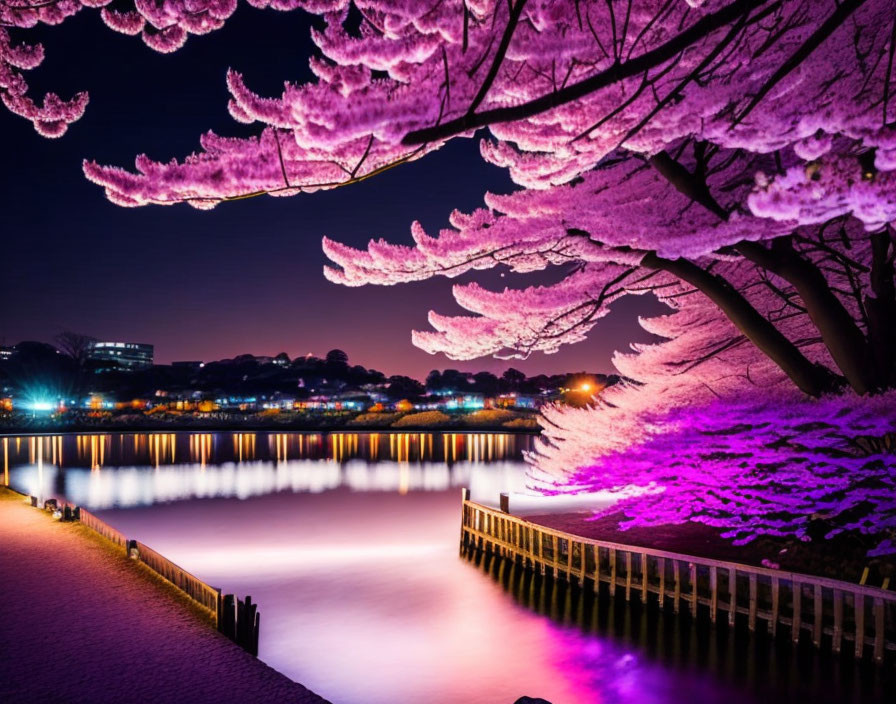 Nighttime cherry blossoms by river with purple lights and railing