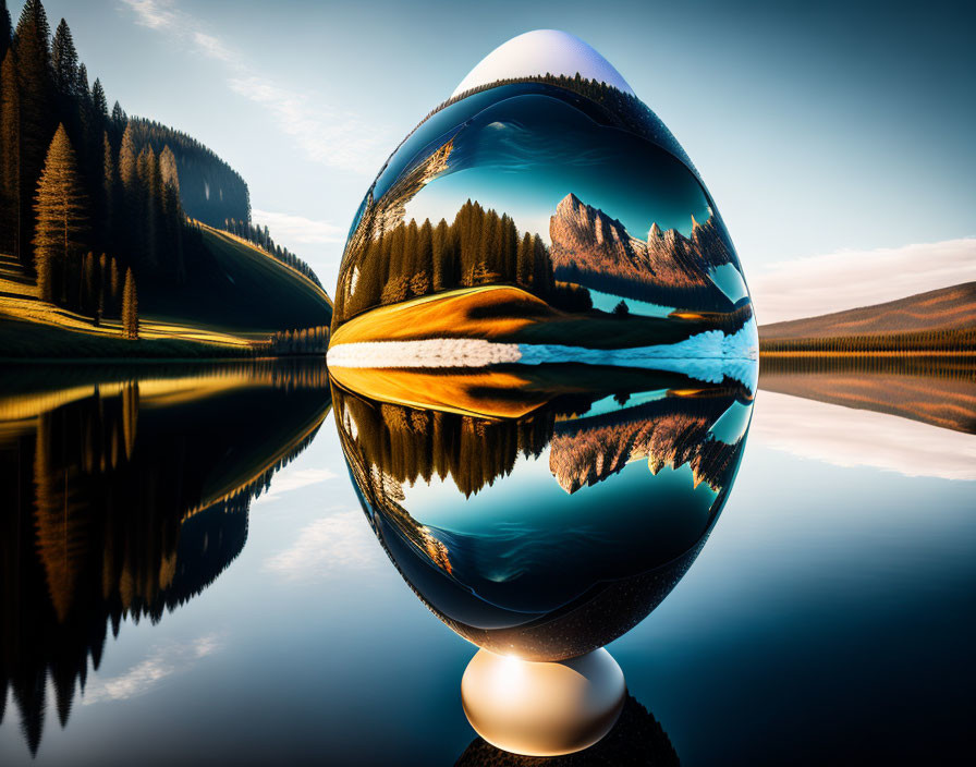 Crystal ball distorting tranquil landscape with mountains, forest, and lake at sunrise/sunset