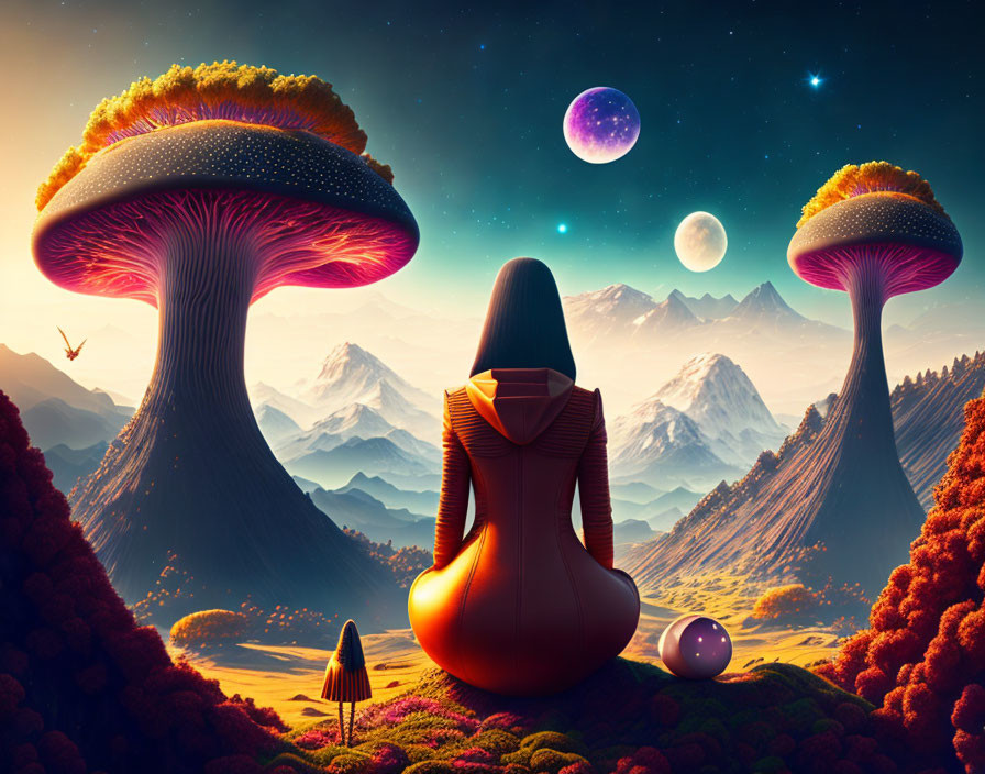 Vibrant surreal landscape with giant mushroom trees, colorful hills, person on rock, planets in sky