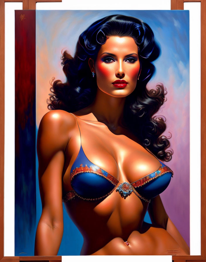 Hyperrealistic painting: Woman with dark wavy hair, sparkly bikini, makeup, sultry