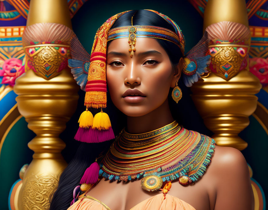 Detailed Illustration of Woman in Elaborate Gold Jewelry and Cultural Attire