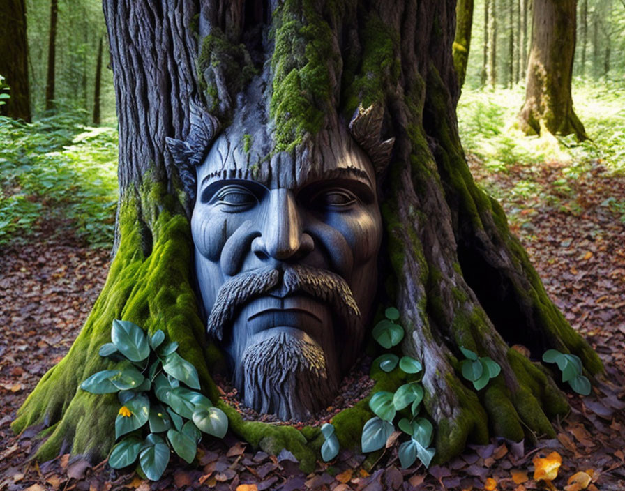 Mystical tree with human-like face and beard in lush forest