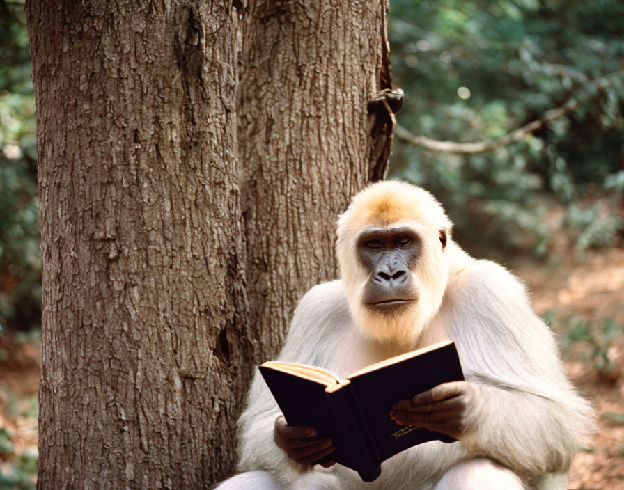 White-furred gorilla reading black book near tree