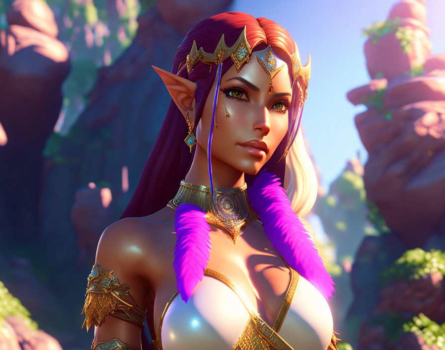 Fantasy elf wearing golden crown and armor in magical forest.