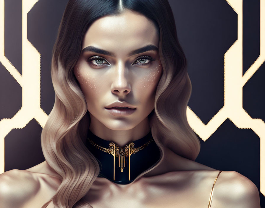 Striking makeup and wavy hair on woman against art deco background