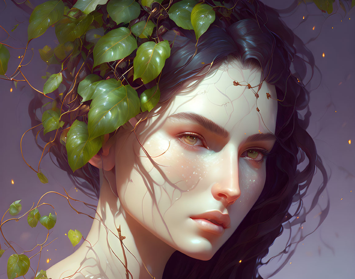 Digital painting of woman with green leaves and delicate vines in hair