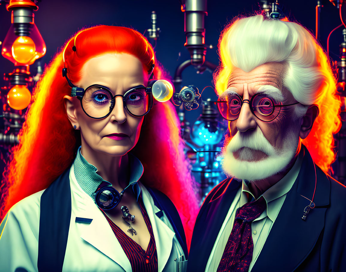 Elderly Couple in Quirky Scientist Style with Retro-Futuristic Glasses