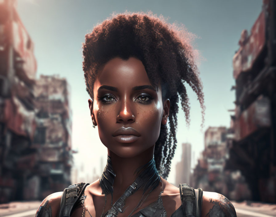 Afro-futuristic woman with intricate braids in dystopian cityscape