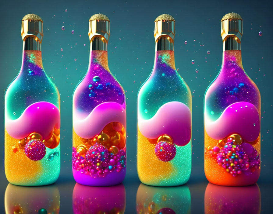Colorful Swirling Lava Lamp Bottles on Teal Background