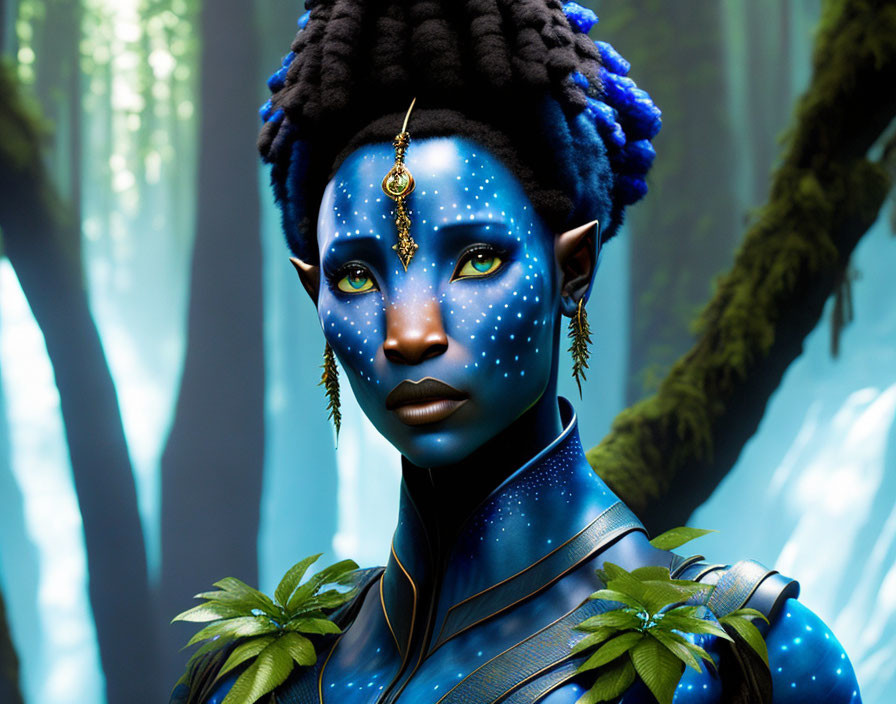 Blue-skinned female digital artwork with star freckles, exotic jewelry, and intricate hairstyle in mystical