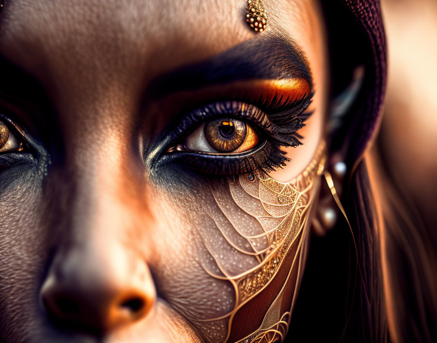 Detailed portrait of person with dramatic eye makeup and facial jewelry