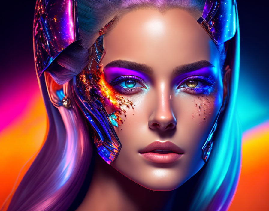 Digital Artwork: Woman with Iridescent Makeup & Cybernetic Enhancements