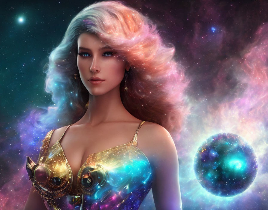 Cosmic-themed digital artwork of a woman with multicolored hair in celestial armor