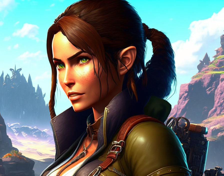 Digital artwork of determined woman with brown hair and green eyes in leather outfit against vibrant fantasy landscape