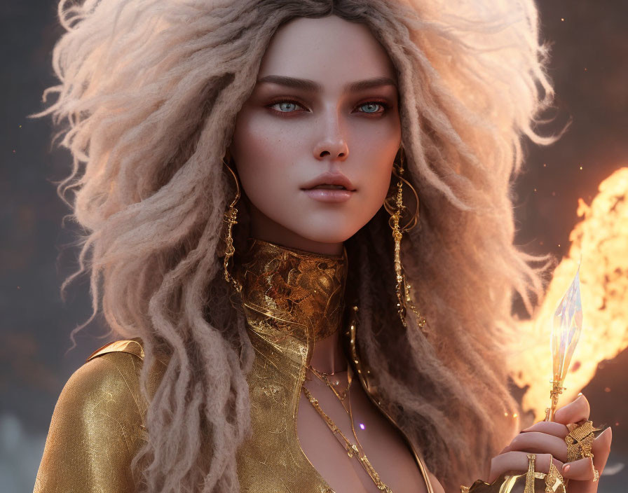 Digital portrait: Woman with wavy hair, blue eyes, golden attire, fiery blade