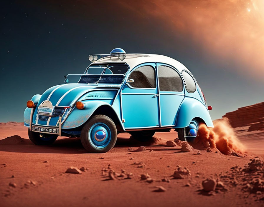 Vintage Blue Car with White Roof in Desert Dusk Sky