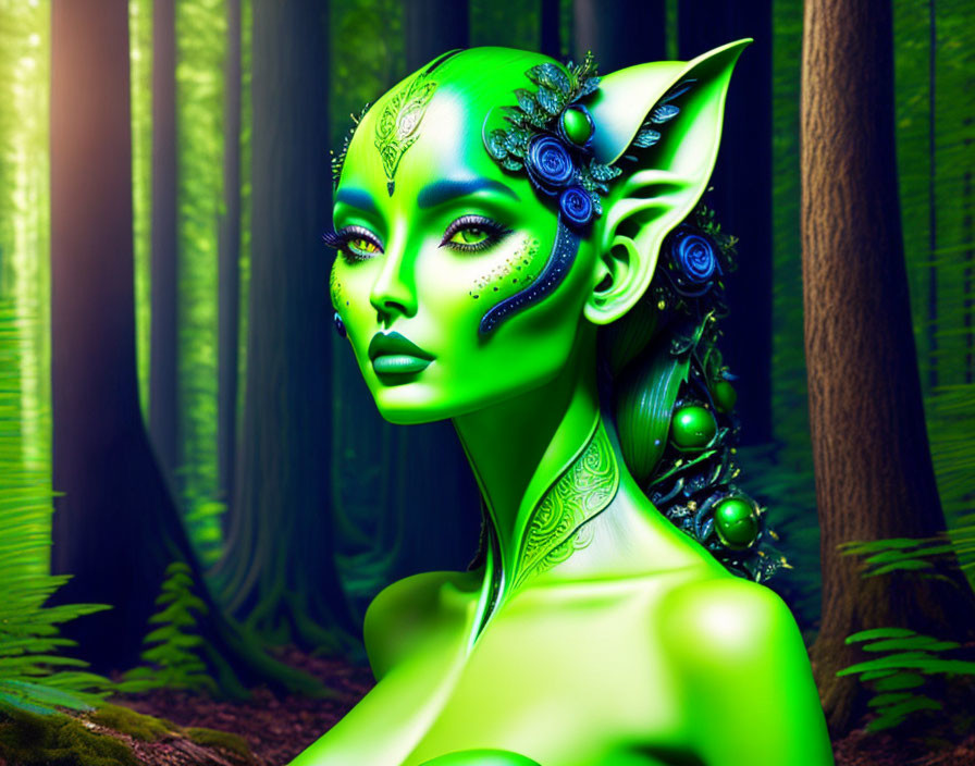 Green-skinned elf-like female character with tattoos in mystical forest.