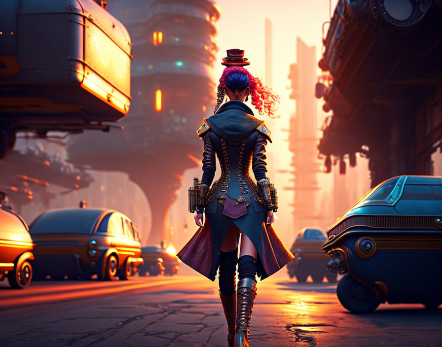 Punk-haired woman in futuristic city with floating cars