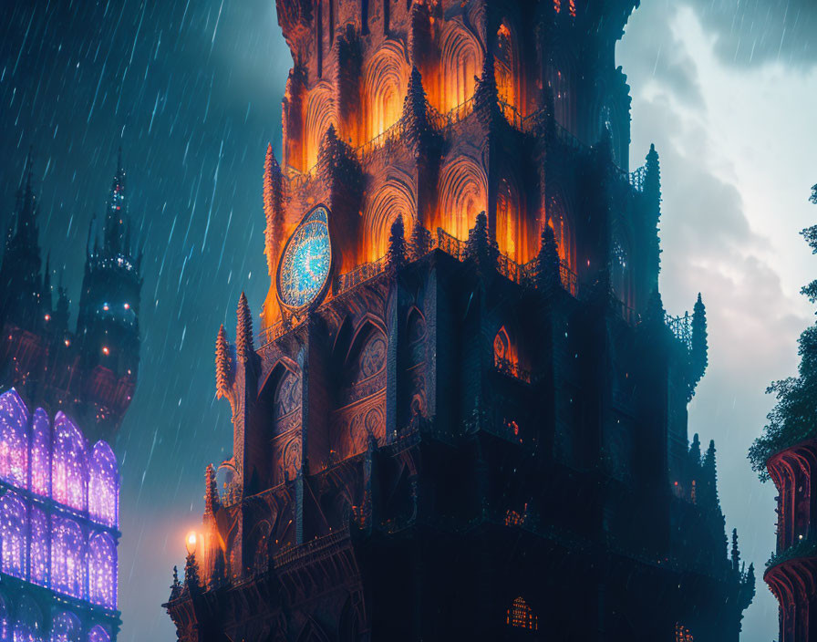 Gothic cathedral with rose window in warm light under rainy sky