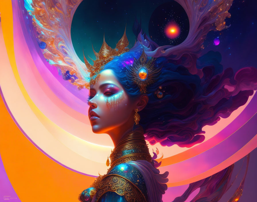 Regal figure with blue celestial hair in cosmic fantasy portrait