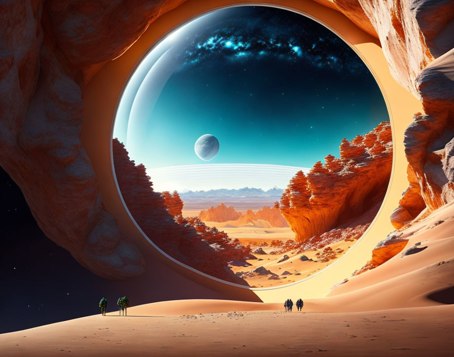 Surreal desert landscape with oversized moon, figures, and rocky cliffs