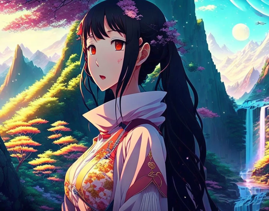 Long-haired animated female in traditional attire in vibrant, fantasy landscape