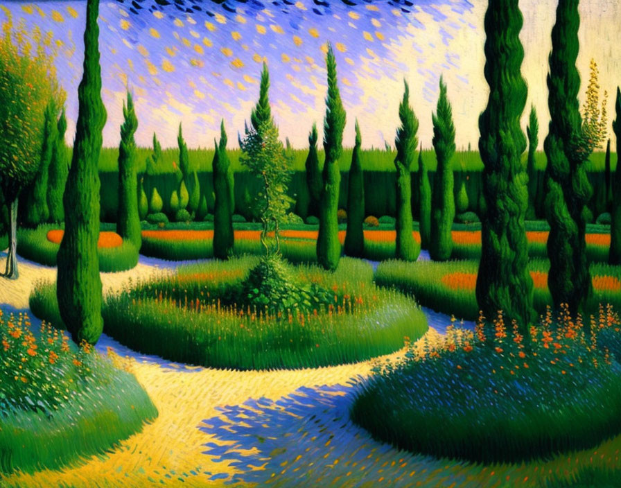 Vibrant impressionist painting of colorful garden and cypress trees