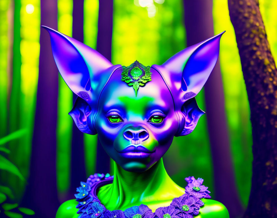 Vivid Artwork: Creature with Bat-like Ears in Colorful Forest