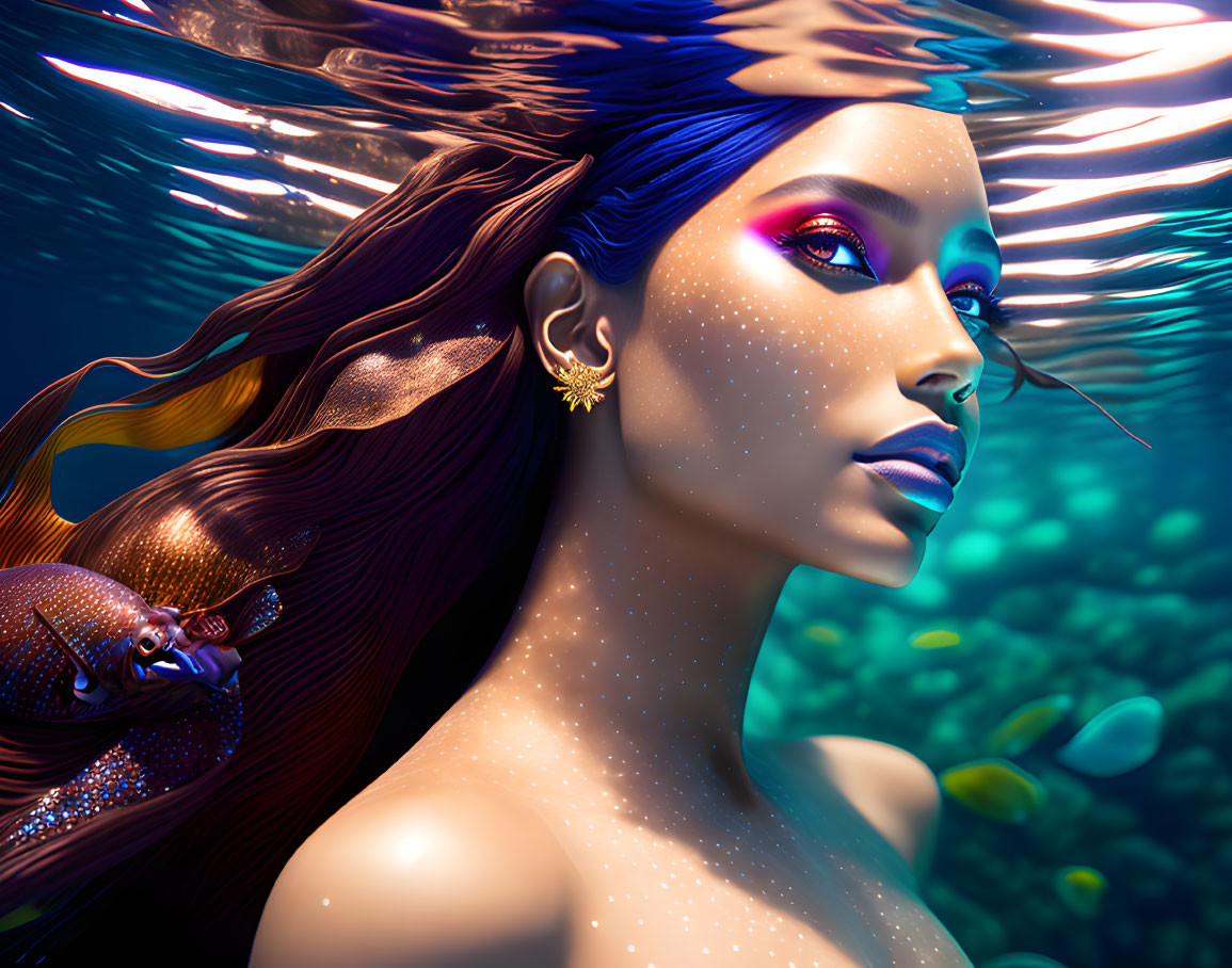 Ethereal underwater woman with flowing hair and vibrant blue skin.