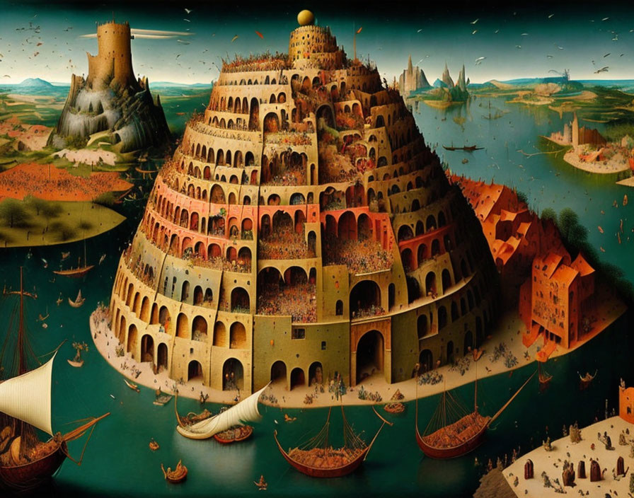 Fantastical painting of terraced tower city with ships and castles.