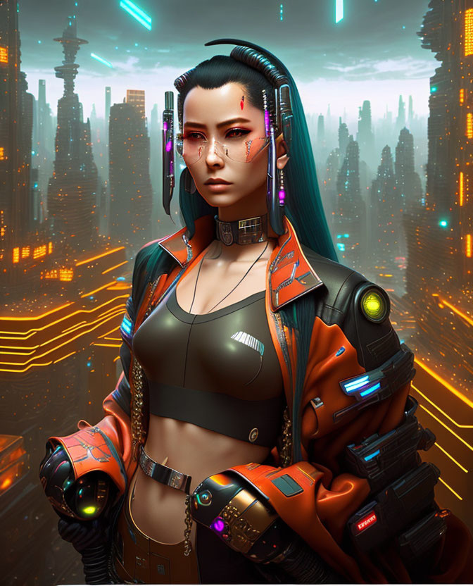 Futuristic female cyborg with neon accents in cyberpunk cityscape