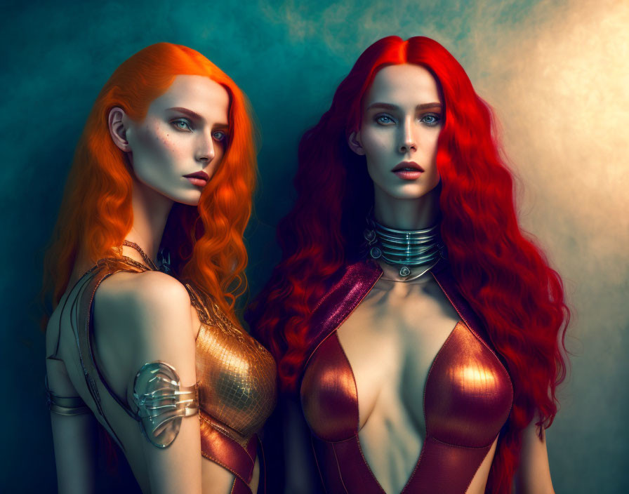 Two women with vibrant red hair in futuristic fashion wear on blue background