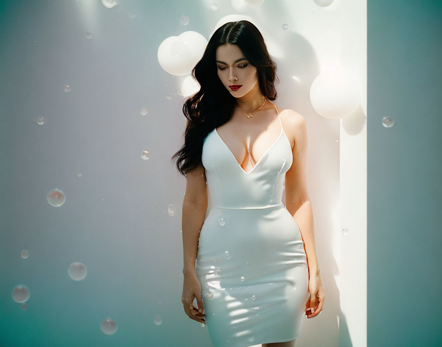 Woman in white dress surrounded by bubbles and balloons under soft lighting