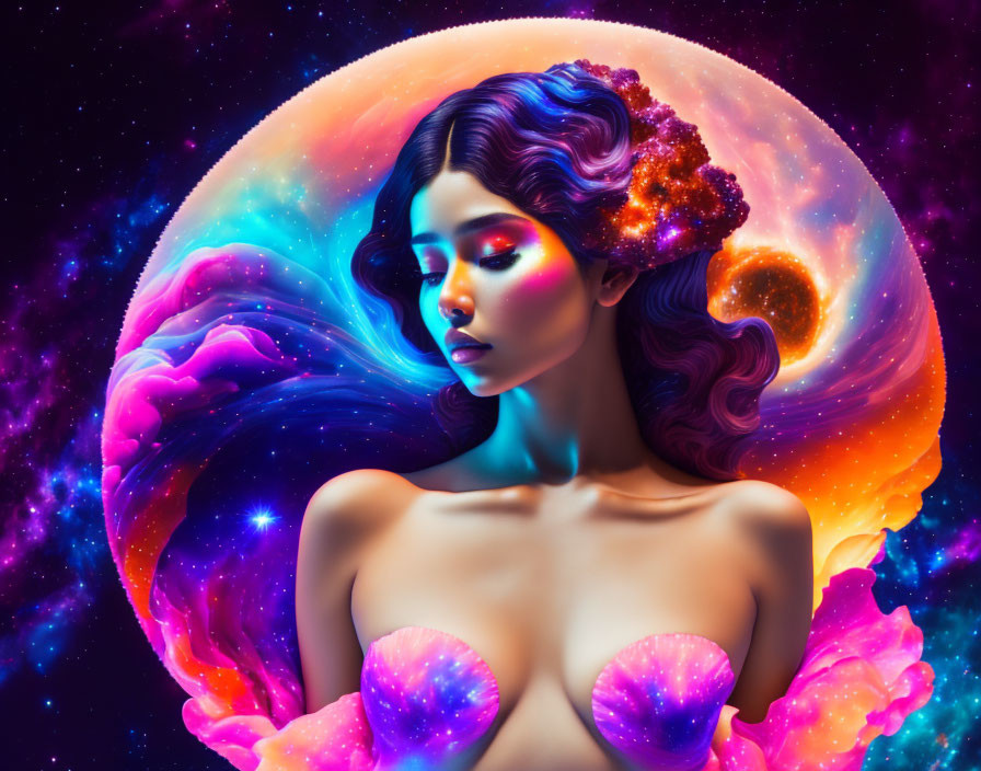 Surreal portrait of a woman with cosmic-themed features