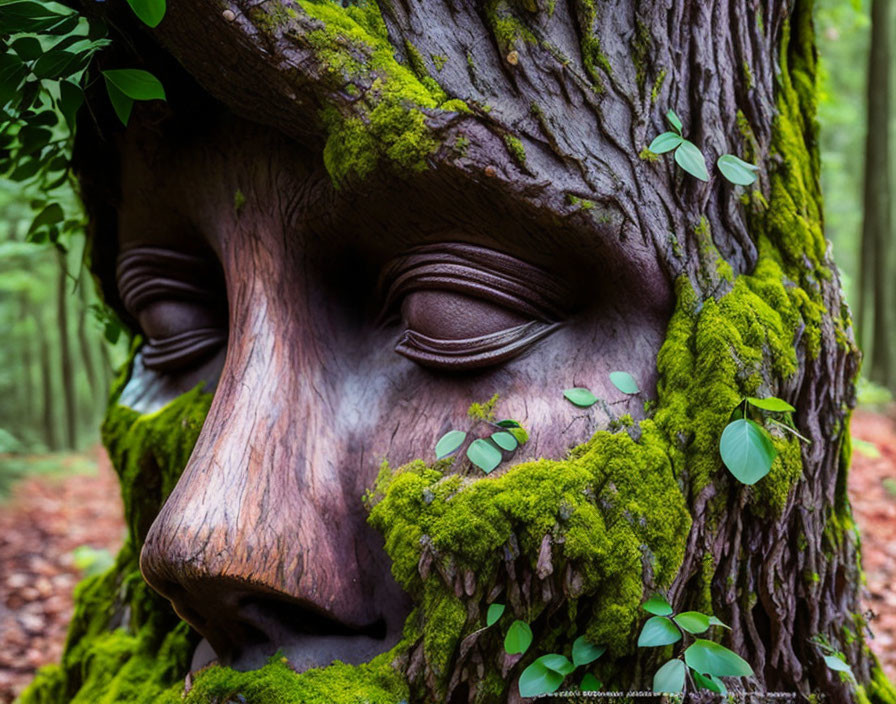 Carved face on tree trunk in mossy woodland portrays sleeping forest spirit
