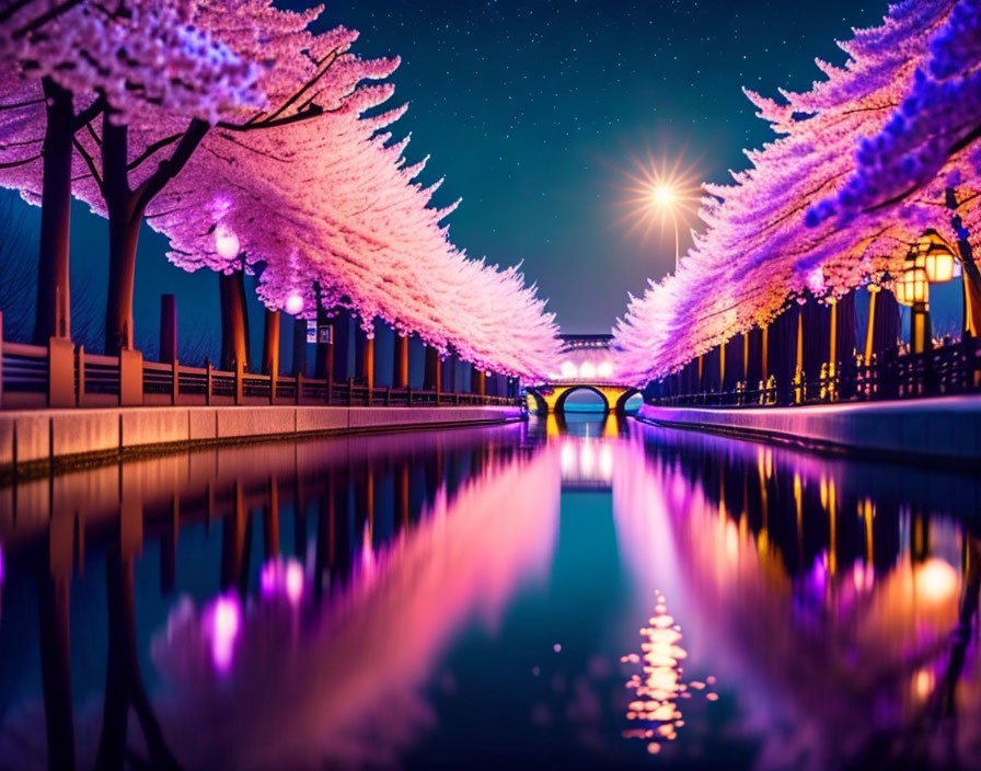 Tranquil Cherry Blossom Night Scene with Reflective Canal