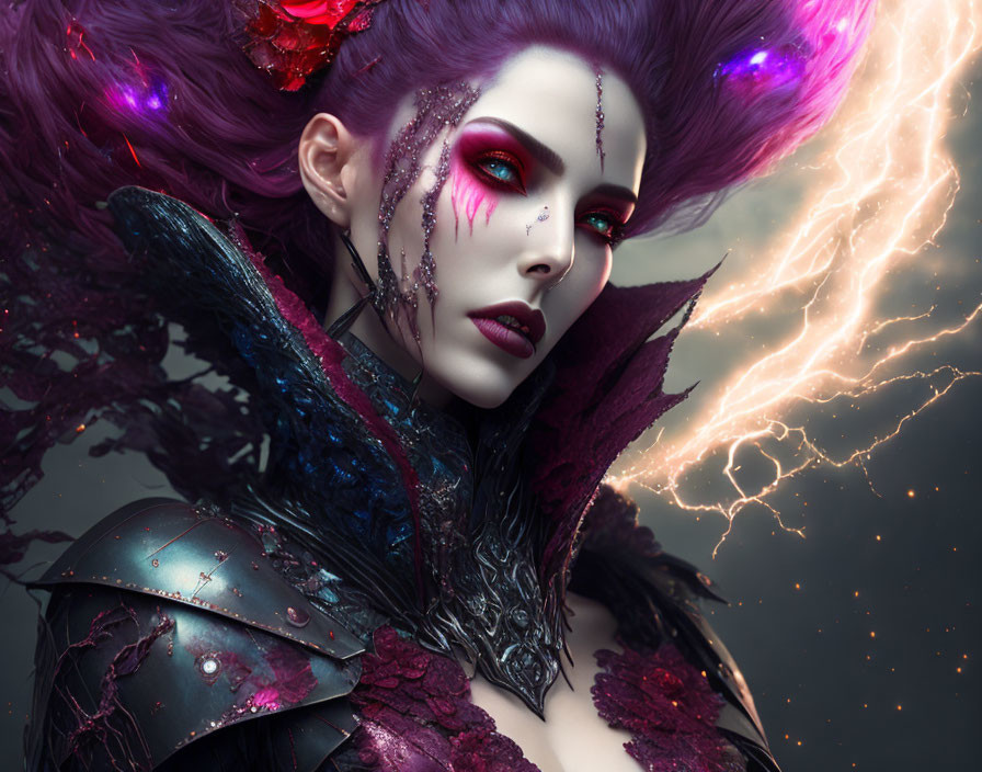 Fantasy female character with purple hair, vibrant makeup, dark armor, and mystical energy.
