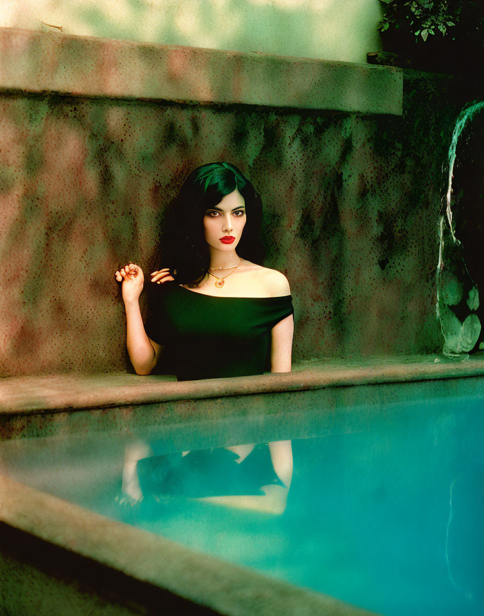 Dark-Haired Woman in Black by Pool with Waterfall and Moss-Stained Wall