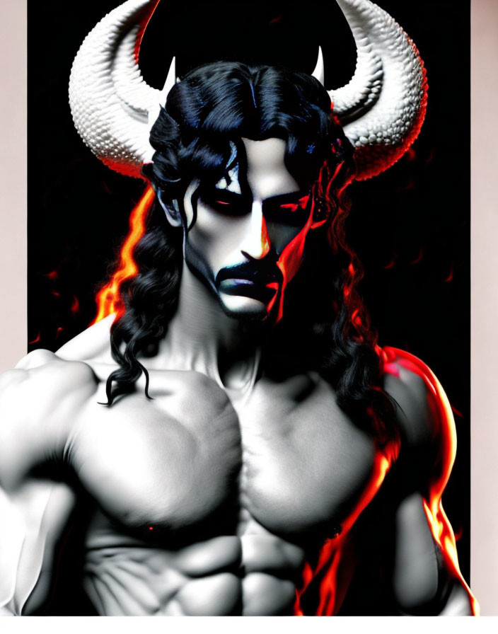 Muscular figure with horns and red eyes in black and white with red accents