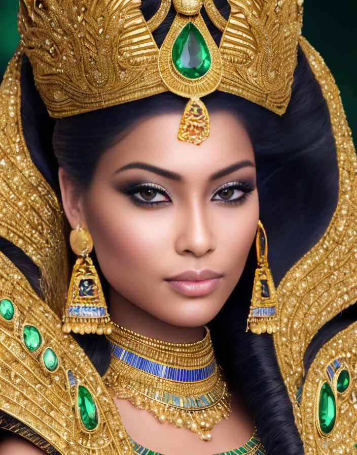 Regal woman in golden crown and emerald jewelry against green background