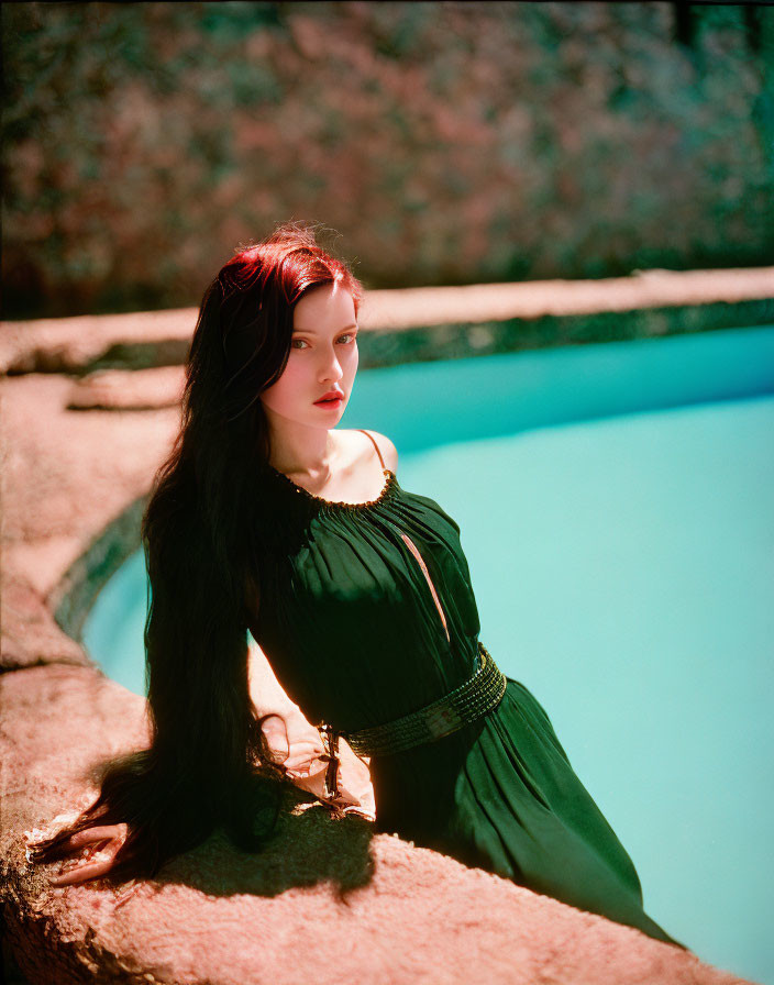 Woman in Black Dress Sitting by Clear Blue Pool