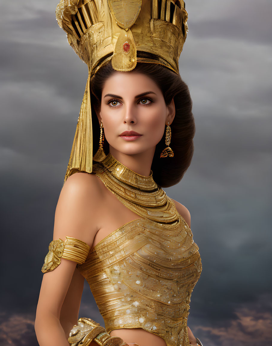 Regal woman in golden costume against cloudy sky